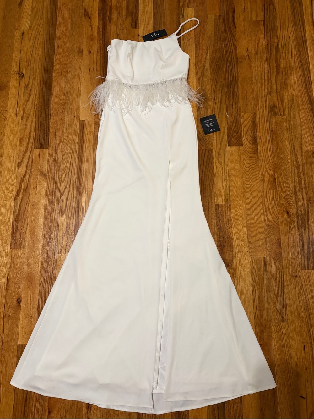 Lulu’s Glam Bliss White Ostrich feather, One-Shoulder Cutout Maxi Dress - NWT S